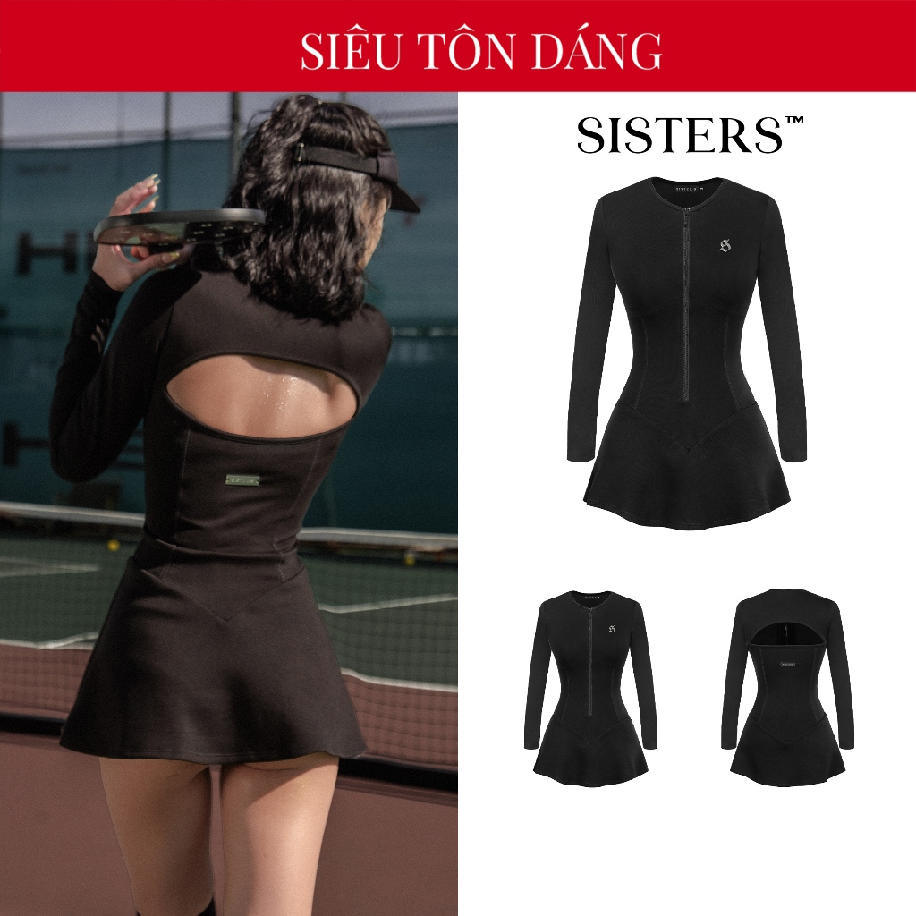 SISTERS Women's Jumpsuit Jump dress with long sleeves, body hugging, soft stretch, chest zipper, Black Lowen| SS24-J7-D