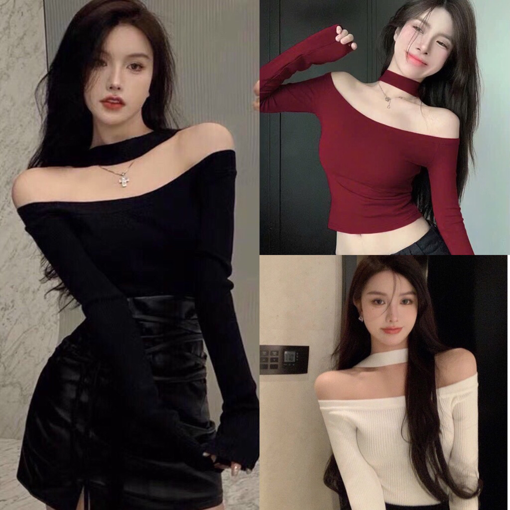 Attractive long-sleeved off-the-shoulder t-shirt with halter neck A206