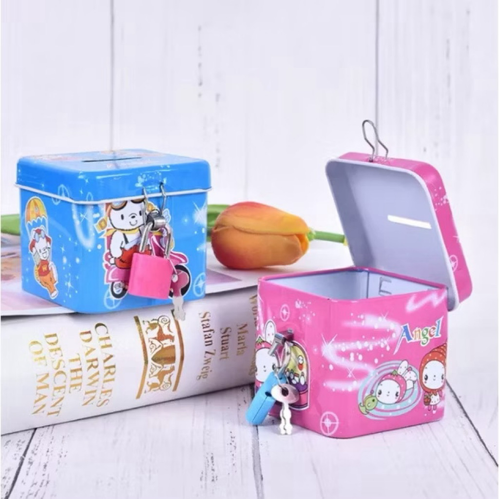 Mini size tin savings box. With lock