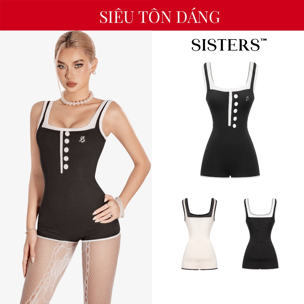 SISTERS women's two-strap Jumpsuit with hem, designed with fabric buttons and luxurious stainless steel logo, short Isobelle style | SS-J77