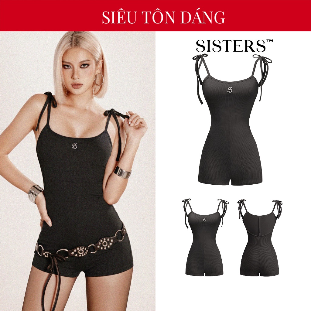 SISTERS women's short Jumpsuit sexy bow tie body hugging backless black ribbed fabric Jump Joella | SS2-J5-D