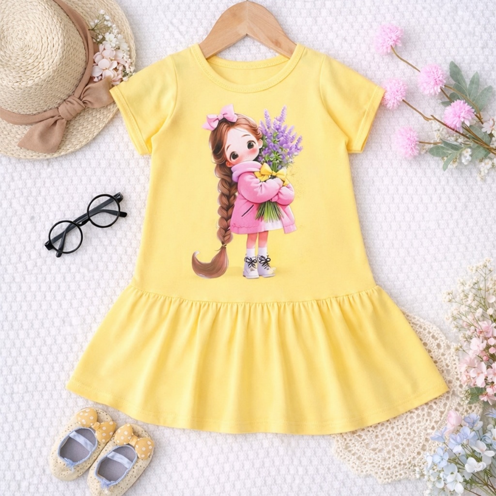 Dress and Hairpin for girls with cartoon patterns, smooth and cool material, beautiful for children to wear to school and going out.DAM06 .