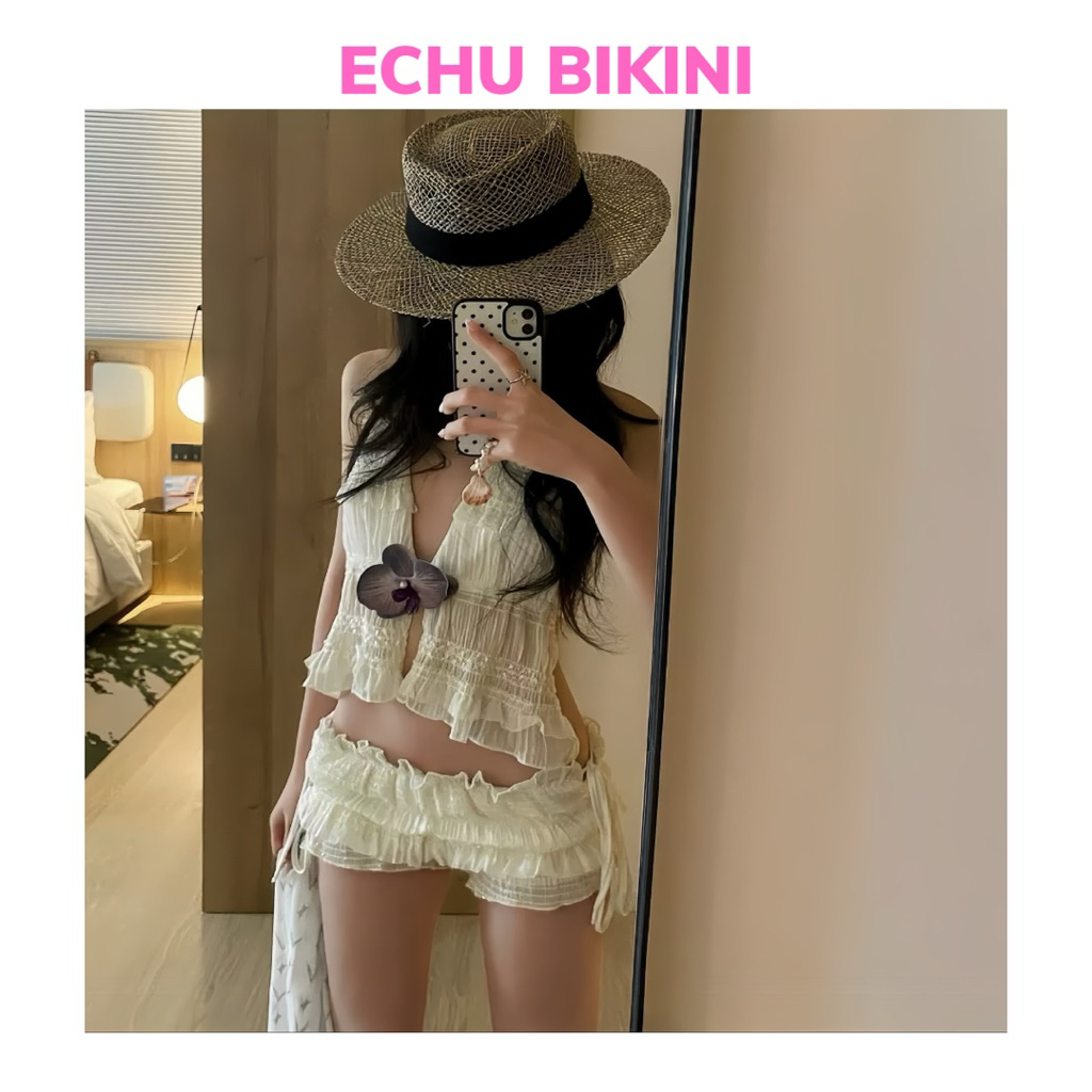 ECHU 2-Piece Swimsuit Set Soft Chiffon Lace Camisole Collar, With Flattering Bow Tie Shorts