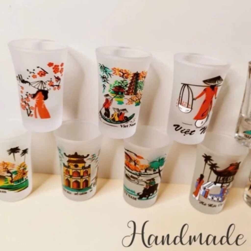 HAND-PAINTED GLASS CUP WITH VIETNAMESE LANDSCAPE PICTURES, SOUVENIR GIFT