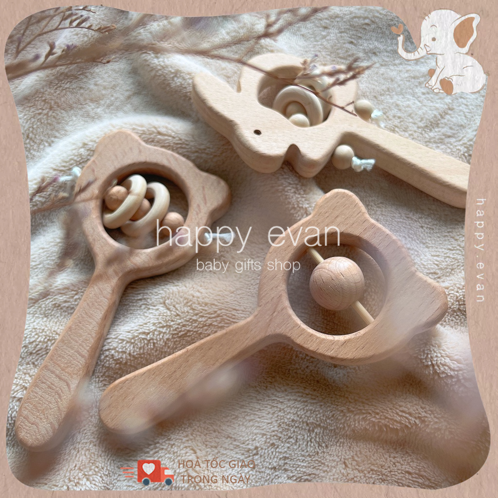 Wooden rattles to gnaw gums for babies from 3 months, have safety certification, support teeth development and practice grasping for babies.