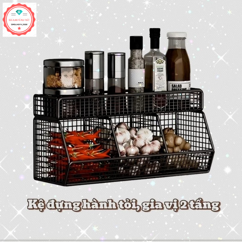 Wall-mounted Onion and Garlic Basket, Convenient Steel Kitchen Wall-Mounted 3-Drawer and 2-Tier Spice Rack - Sticker Included